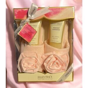 Ellen Tracy Gift Set Pink Slippers Foot Care Collection Gardenia Scrub Lotion